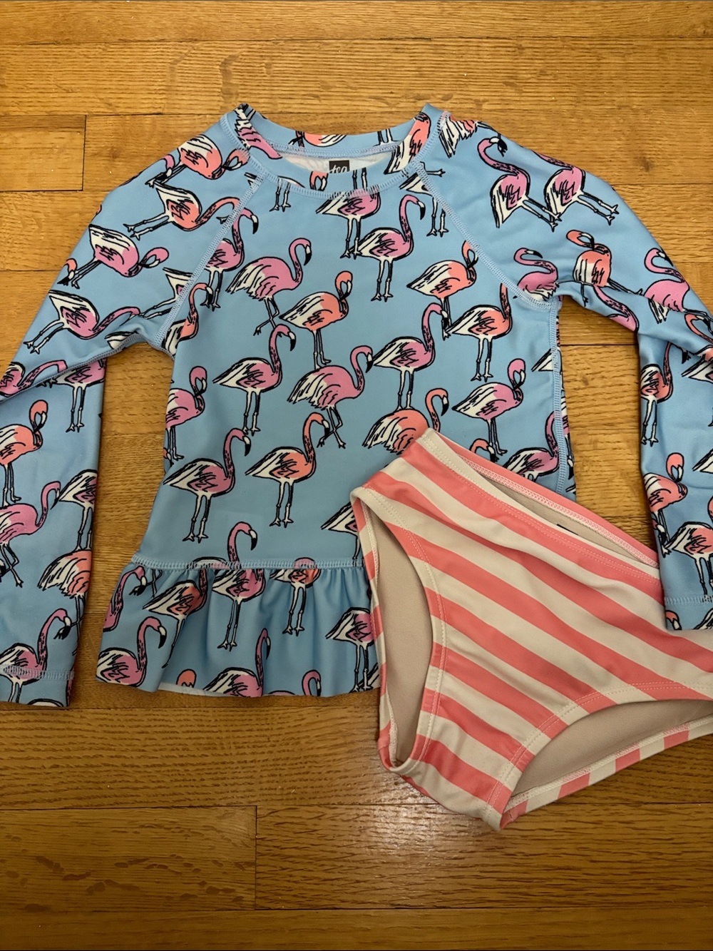 Tea Collection Blue Flamingo Long-Sleeve Rashguard Set with Pink Striped Bottoms